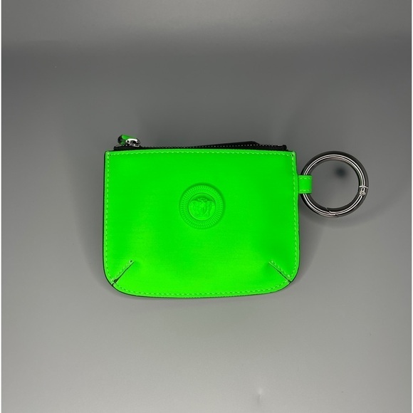 Versace Medusa Logo Neon Green Leather Keychain Pouch Wallet Unisex Bag Charm - Picture 5 of 9